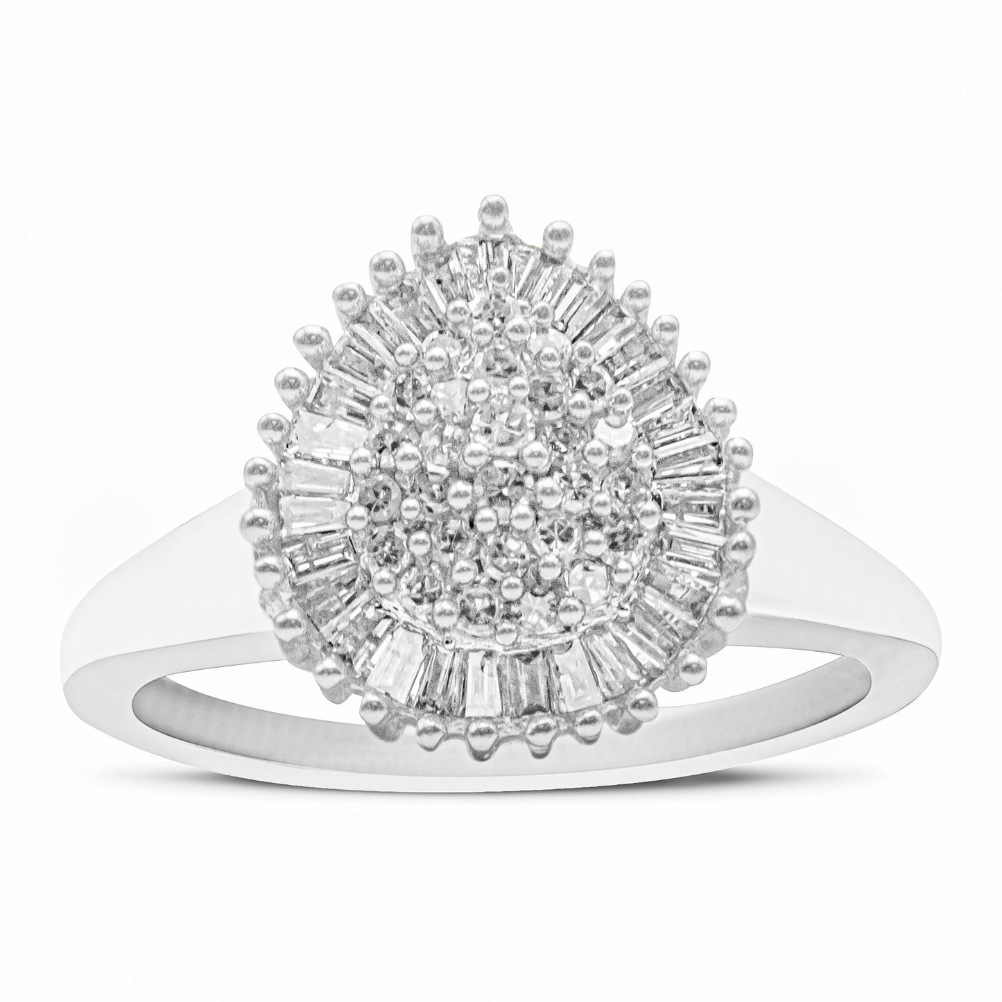 10K White Gold 1/2 Cttw Round & Baguette Cut Diamond Pear Shaped Domed Pavé Cluster With Halo Cocktail Ring (H-I Color,