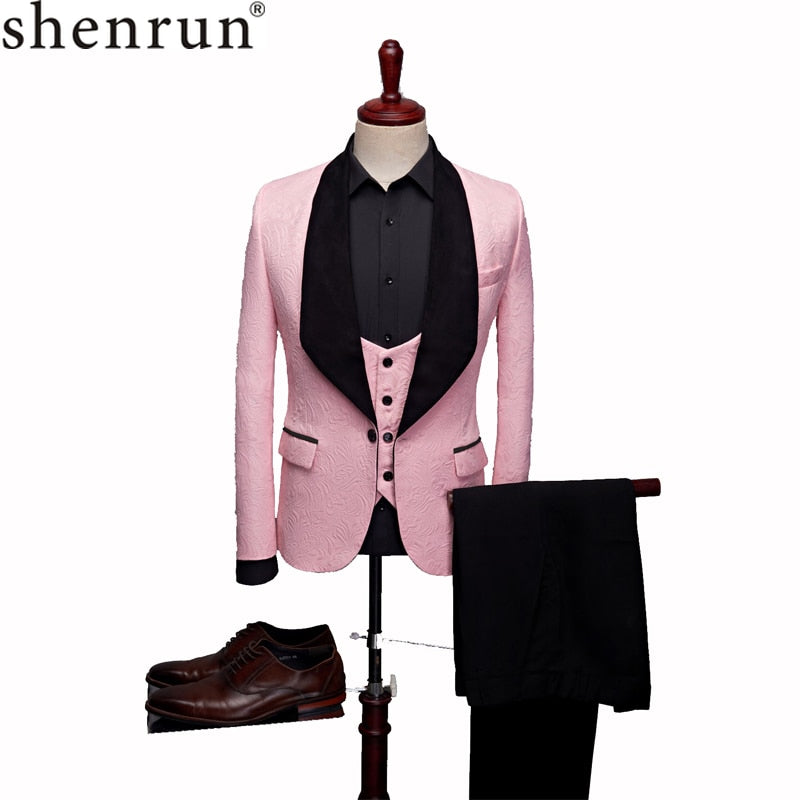 SHENRUN Mens Fashion Big Shawl Lapel 3 Pieces Set Pink Red Blue White Black Wedding Groom Suits Quality Jacquard Banquet Tuxedo