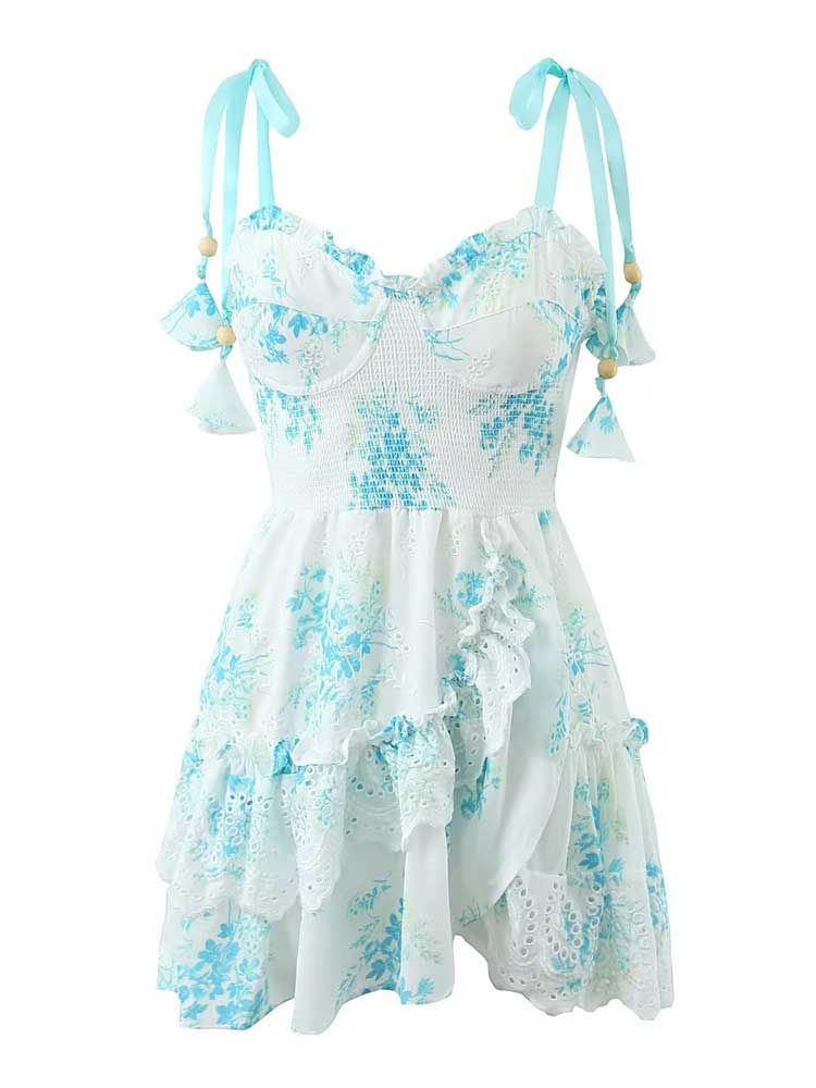 Boho Inspired Blue Floral Straps Party Dress Bow Tied Shoulder Smocked Bodice Embroidery Summer Dress Chic Ladies Mini Dress