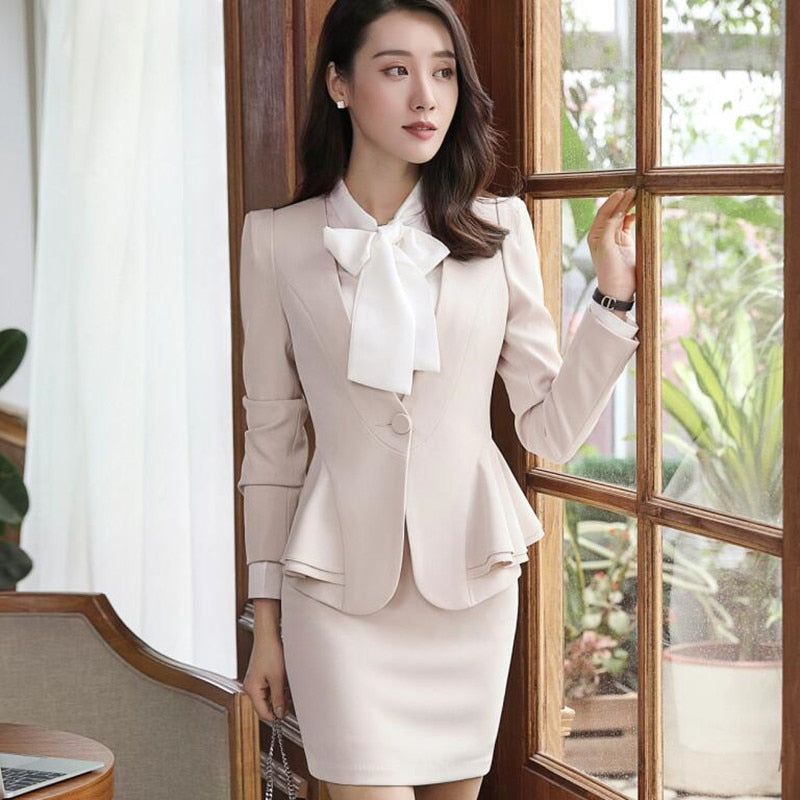 New Autumn Winter Women Skirt Suits Elegant Business Formal Long Sleeve Hem Ruffles Office Ladies Work Uniforms