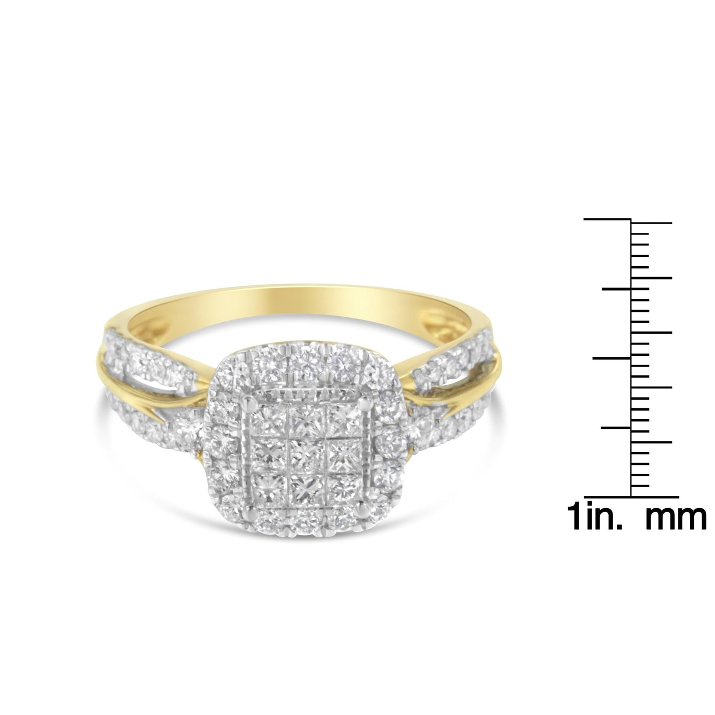 10K Yellow Gold 1.0 Cttw Brilliant-Cut Diamond Cluster Cushion-Shape Halo Triple-Band-Look Engagement Ring (H-I Color, S