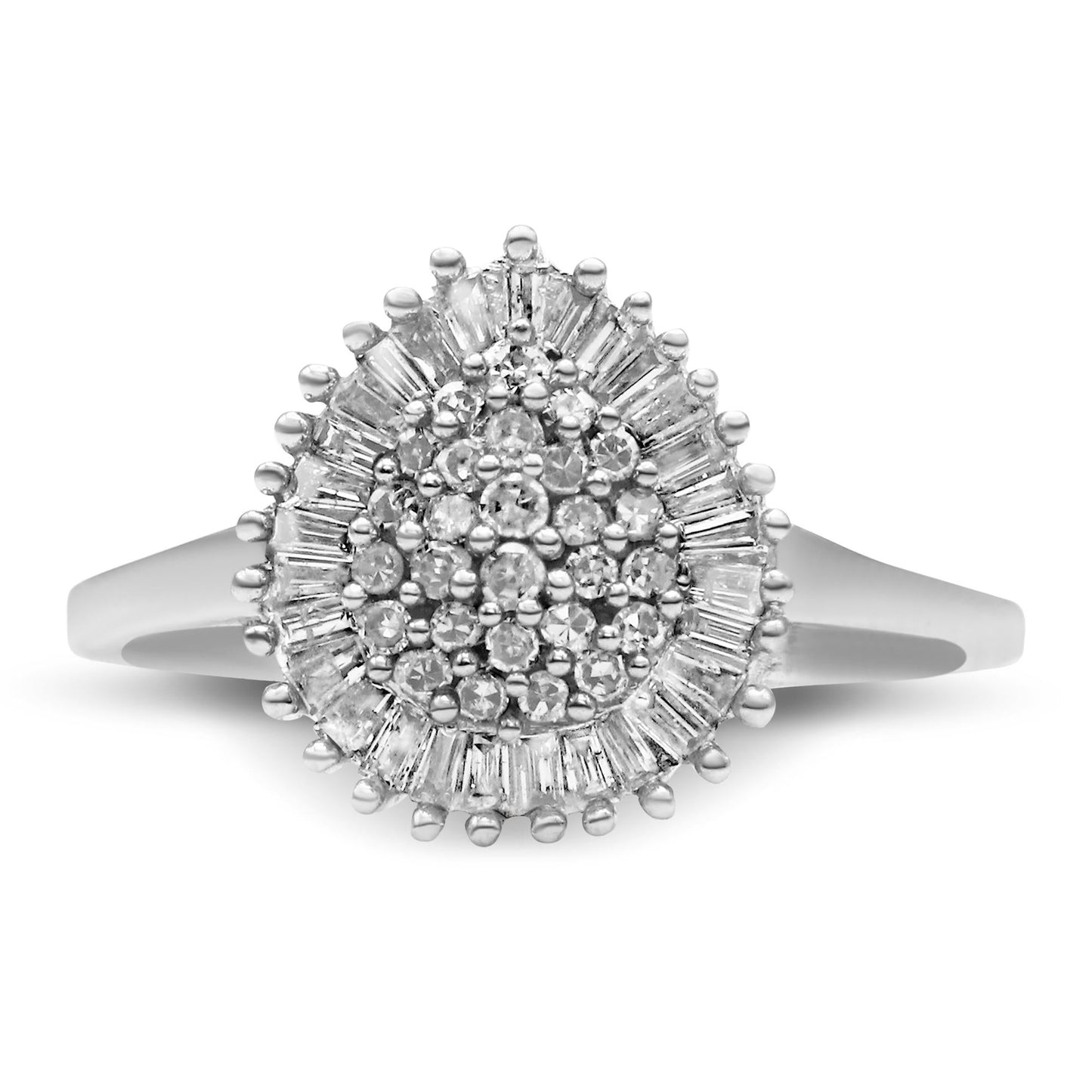 10K White Gold 1/2 Cttw Round & Baguette Cut Diamond Pear Shaped Domed Pavé Cluster With Halo Cocktail Ring (H-I Color,