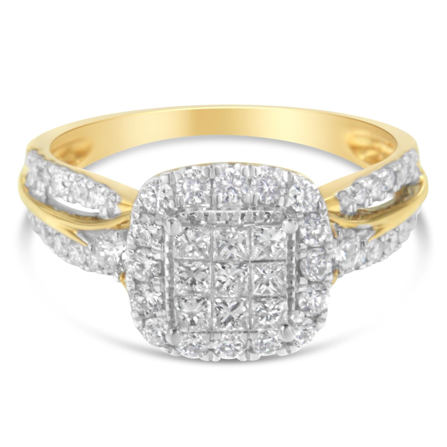 10K Yellow Gold 1.0 Cttw Brilliant-Cut Diamond Cluster Cushion-Shape Halo Triple-Band-Look Engagement Ring (H-I Color, S