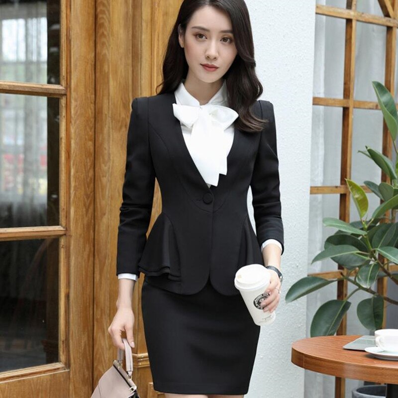 New Autumn Winter Women Skirt Suits Elegant Business Formal Long Sleeve Hem Ruffles Office Ladies Work Uniforms