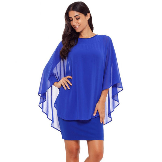 Chiffon Dress Women Casual Fashion Fake Two Pieces Batwing Sleeve O-Neck Elegant Cape Dress