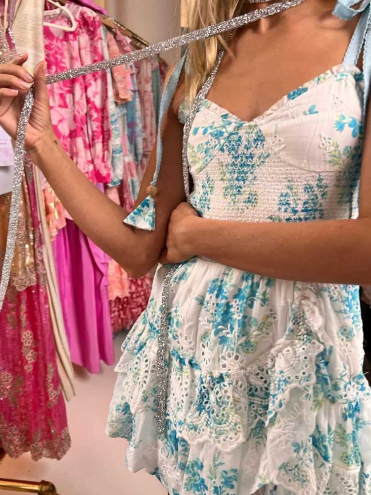 Boho Inspired Blue Floral Straps Party Dress Bow Tied Shoulder Smocked Bodice Embroidery Summer Dress Chic Ladies Mini Dress