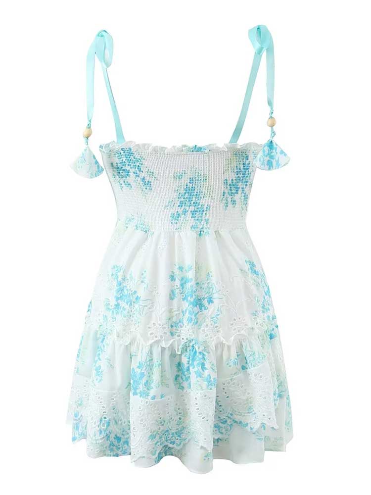 Boho Inspired Blue Floral Straps Party Dress Bow Tied Shoulder Smocked Bodice Embroidery Summer Dress Chic Ladies Mini Dress