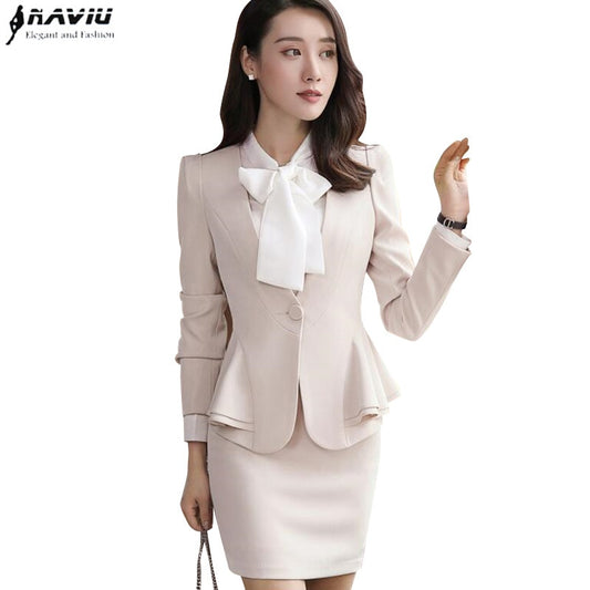 New Autumn Winter Women Skirt Suits Elegant Business Formal Long Sleeve Hem Ruffles Office Ladies Work Uniforms