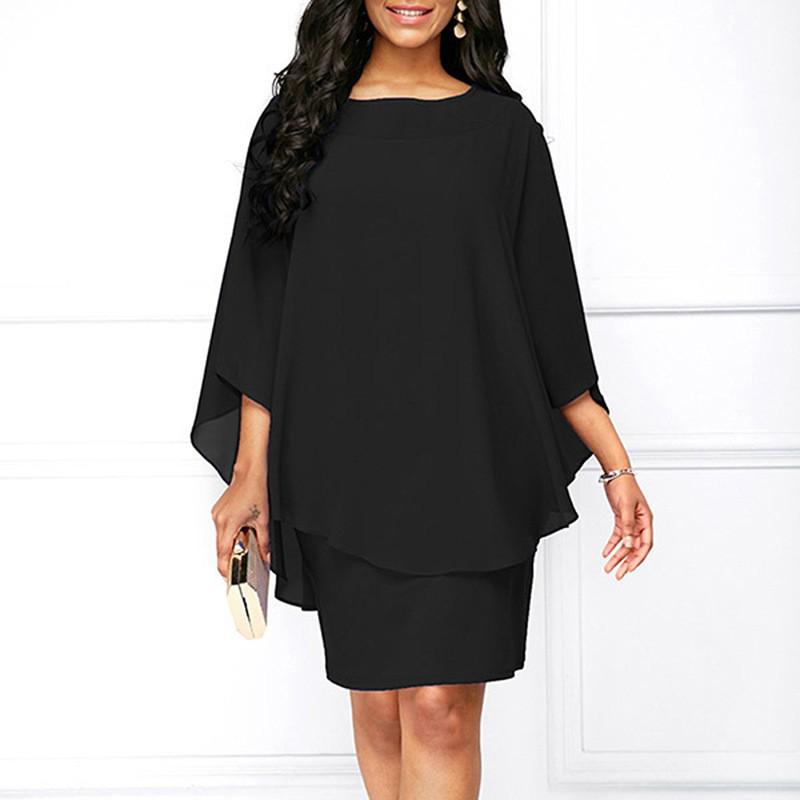 Chiffon Dress Women Casual Fashion Fake Two Pieces Batwing Sleeve O-Neck Elegant Cape Dress