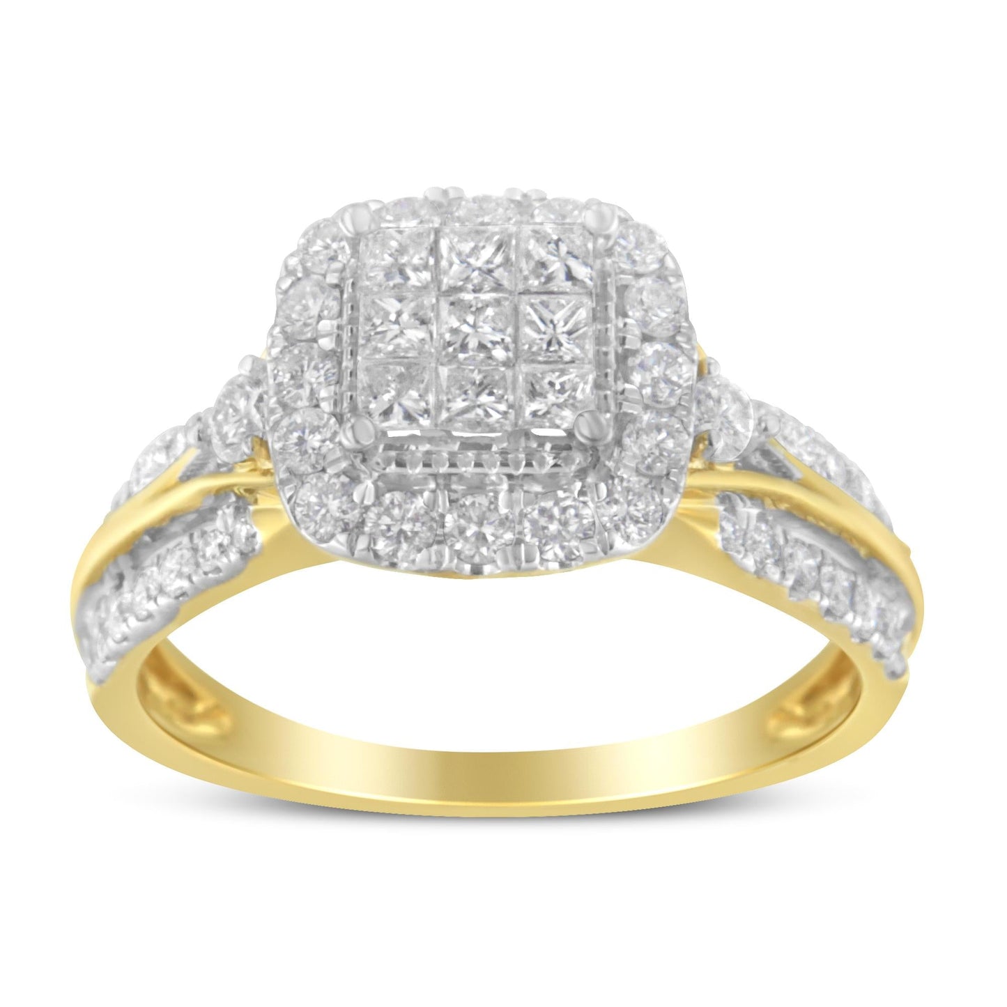 10K Yellow Gold 1.0 Cttw Brilliant-Cut Diamond Cluster Cushion-Shape Halo Triple-Band-Look Engagement Ring (H-I Color, S